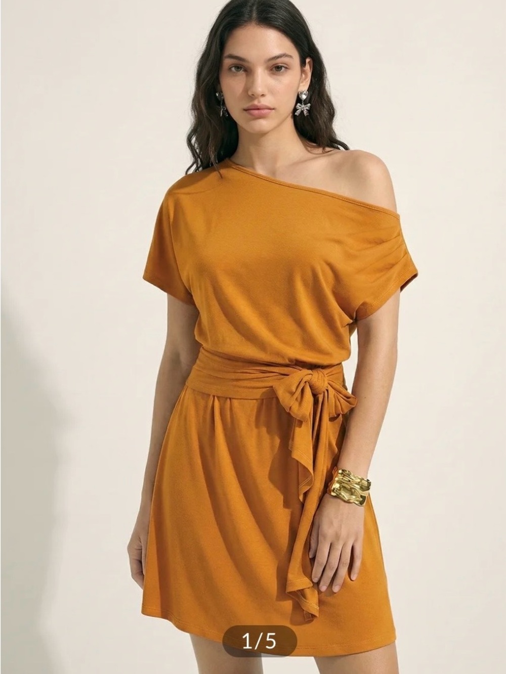 Commense One-Shoulder Tie-Waist Dress in Mustard